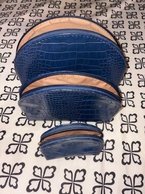 Blue Croc-Embossed Cosmetic Pouch Set